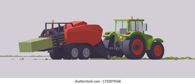 Vector tractor & big square baler. Grass hay baling. Isolated illustration