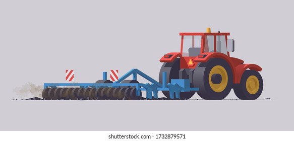 Vector tractor & cultivator. Tillage. Isolated illustration