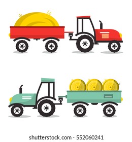 Vector Tractor with Dray. Flat Design Flat Design Tractors Isolated on White Background.