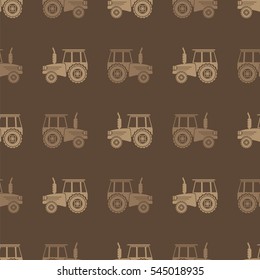 Vector Tractor Icon Seamless Pattern on Brown Background. Agricultural Transport for Farm