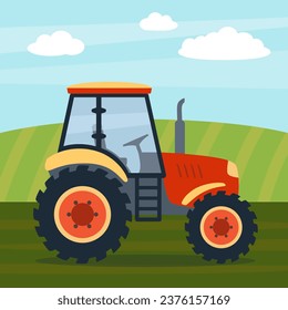 Vector tractor on green country background, illustration of rural transport, square art with red tractor, children book illustration,
print design.