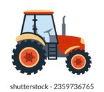 Vector tractor on white background, flat isolated illustration of red tractor, icon of farm transport, vector art for children