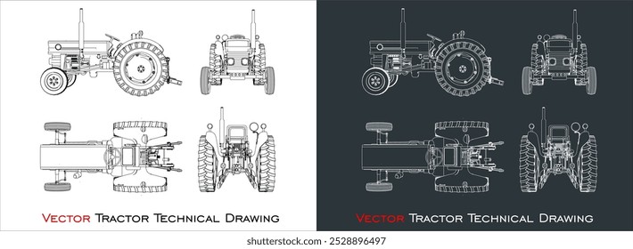 trator de vetor de cima, lado, trás e vista frontal. linha técnica desenho plano sobre fundo transparente