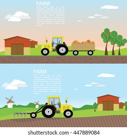 Vector Tractor And Wagon. Harvest.