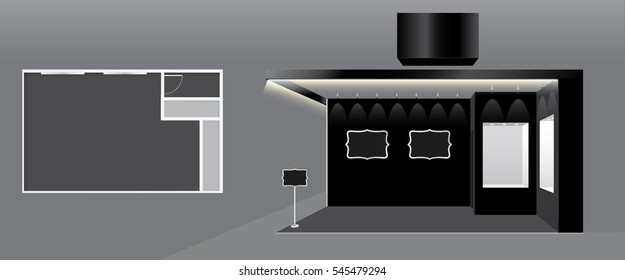 Vector trade booth design template with black plasterboard walls and elegant gallery frames