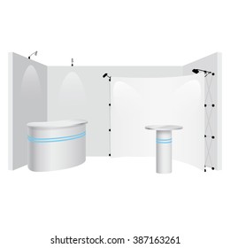 Vector trade booth with empty lighted display panel and display stand