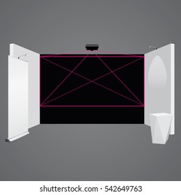 Vector trade booth projector installation and promotional rollup banner mockup