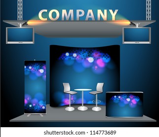 Vector trade exhibition stand with widescreen lcd monitor, counter, chair, roll-up banner and lights with identity background ready for use.