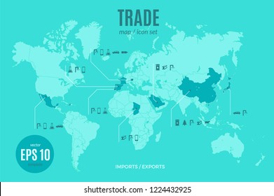 Vector trade infographic template. Color import and export map design with goods icon set for your company illustration or partners presentation