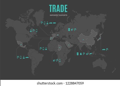 Vector trade infographic template. Color import and export map design with goods icon set for your company illustration or partners presentation