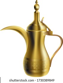 Vector traditional arabic coffee pot isolated on white background. Realistic 3D oriental golden dallah with oriental ornament
