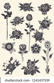 Vector Traditional Black Tattoo Flowers Set