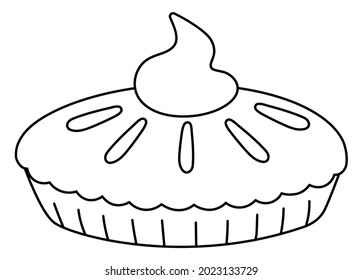 Vista lateral tradicional de la tarta de calabaza de Acción de Gracias en blanco y negro vectorial. El postre otoñal está aislado de fondo blanco. Bonita ilustración de línea de otoño con crema.
