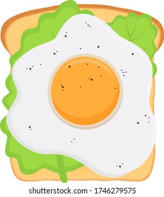 Vector traditional breakfast - sandwich with fried egg, salad leaf. Roasted omelet on white bread in cartoon flat syle.
