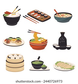 Vector traditional China cuisine dishes, noodle, soup and vegetables, dumplings and sushi