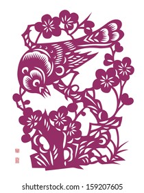 Vector Traditional Chinese Bird Paper Cutting. Translation: Good  Fortune