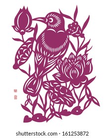 Vector Traditional Chinese Bird Paper Cutting. Translation: Good Fortune