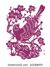 Vector Traditional Chinese Bird Paper Cutting. Translation of Red Stamps: Good Fortune