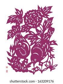 Vector Traditional Chinese Bird Paper Cutting. Translation of Red Stamps: Good Fortune.