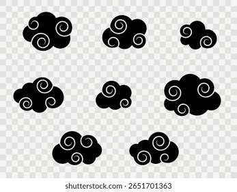 Vector traditional chinese cloud ornament. Collection of black oriental clouds with curly lines. Isolated decorative elements for poster, cultural greeting, festival 
