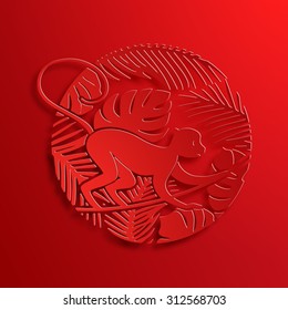 Vector Traditional Chinese Monkey Paper Cutting. New Year Decorative Symbol. Oriental Culture Holiday Illustration. Little Ape on Jungle with Lianas and Palms. Red Design Concept.