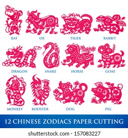 Vector Traditional Chinese Paper Cutting of 12 Zodiacs