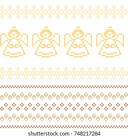 Vector traditional Christmas knitting seamless pattern in yellow and white,with angels.Perfect for Christmas and New Year greeting cards,wrapping paper,winter greetings.