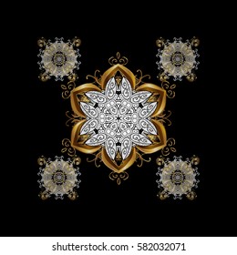 Vector traditional classic golden pattern with white doodles on black background. Oriental ornament in the style of baroque.