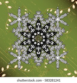 Vector traditional classic golden pattern with white doodles on green background. Oriental ornament in the style of baroque.