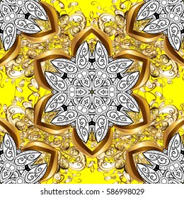 Vector traditional classic golden pattern with white doodles. Yellow on background. Seamless oriental ornament in the style of baroque.