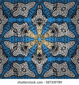 Vector traditional classic golden pattern with white doodles on blue background. Seamless oriental ornament in the style of baroque.