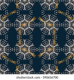 Vector traditional classic golden pattern with white doodles on blue background. Seamless oriental ornament in the style of baroque.