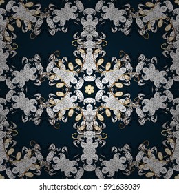 Vector traditional classic golden pattern with white doodles on blue background. Seamless oriental ornament in the style of baroque.