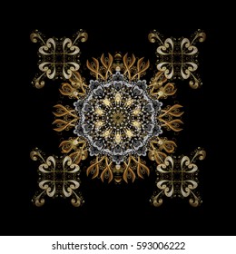 Vector traditional classic golden pattern with white doodles on black background. Oriental ornament in the style of baroque.