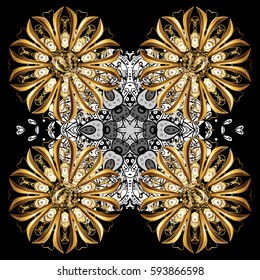 Vector traditional classic golden pattern with white doodles on black background. Oriental ornament in the style of baroque.