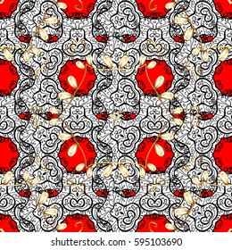 Vector traditional classic golden pattern with white doodles on red background. Seamless oriental ornament in the style of baroque.