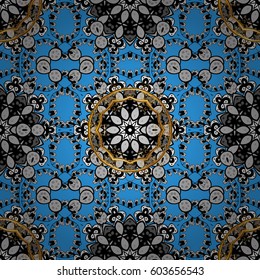 Vector traditional classic golden pattern with white doodles on blue background. Seamless oriental ornament in the style of baroque.