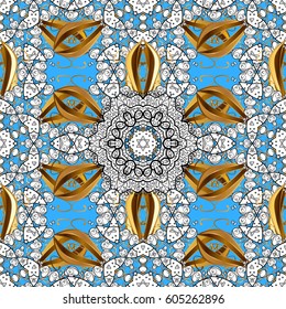 Vector traditional classic golden pattern with white doodles on blue background. Seamless oriental ornament in the style of baroque.