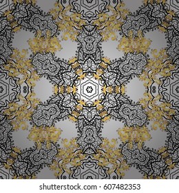 Vector traditional classic golden pattern with white doodles on gray background. Seamless oriental ornament in the style of baroque.