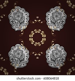 Vector traditional classic golden pattern with white doodles on brown background. Seamless oriental ornament in the style of baroque.