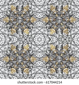 Vector traditional classic golden pattern with white doodles on gray background. Seamless oriental ornament in the style of baroque.