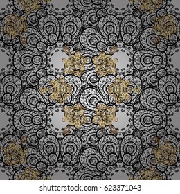 Vector traditional classic golden pattern with gray doodles on gray background. Seamless oriental ornament in the style of baroque.