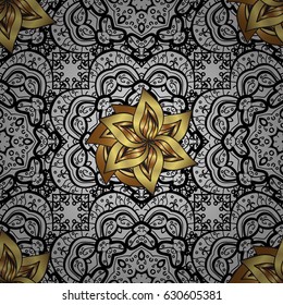 Vector traditional classic golden pattern with white doodles on gray background. Seamless oriental ornament in the style of baroque.