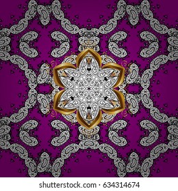 Vector traditional classic golden pattern with white doodles on magenta background. Seamless oriental ornament in the style of baroque.