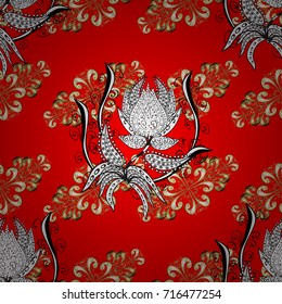 Vector traditional classic golden pattern with white doodles on red, white and beige colors. Ornamental oriental ornament in the style of baroque.