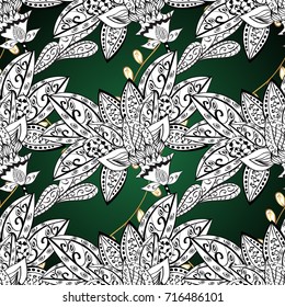 Vector traditional classic golden pattern with white doodles on white, black and green colors. Ornamental oriental ornament in the style of baroque.