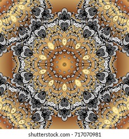 Vector traditional classic golden pattern with white doodles on beige, black and gray colors. Seamless oriental ornament in the style of baroque.