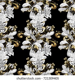 Vector traditional classic golden pattern with white doodles on black, white and gray colors. Seamless oriental ornament in the style of baroque.
