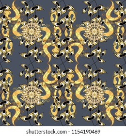 Vector traditional classic golden seamless pattern on blue, yellow and gray colors. Seamless oriental ornament in the style of baroque.