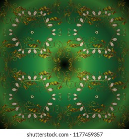 Vector traditional classic golden seamless pattern on green, brown and yellow colors. Seamless oriental ornament in the style of baroque.